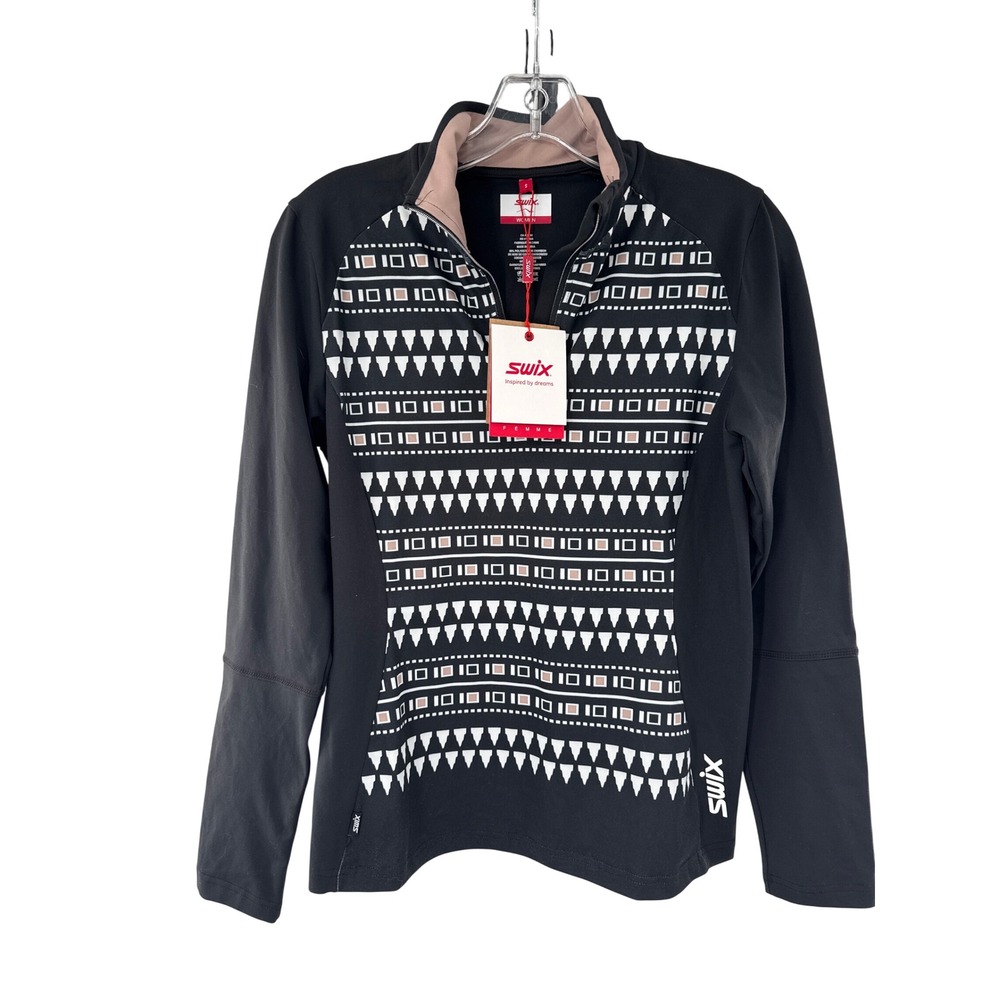 Swix Women's‎ Black Geometric Print Half Zip Long Sleeve Top Size S